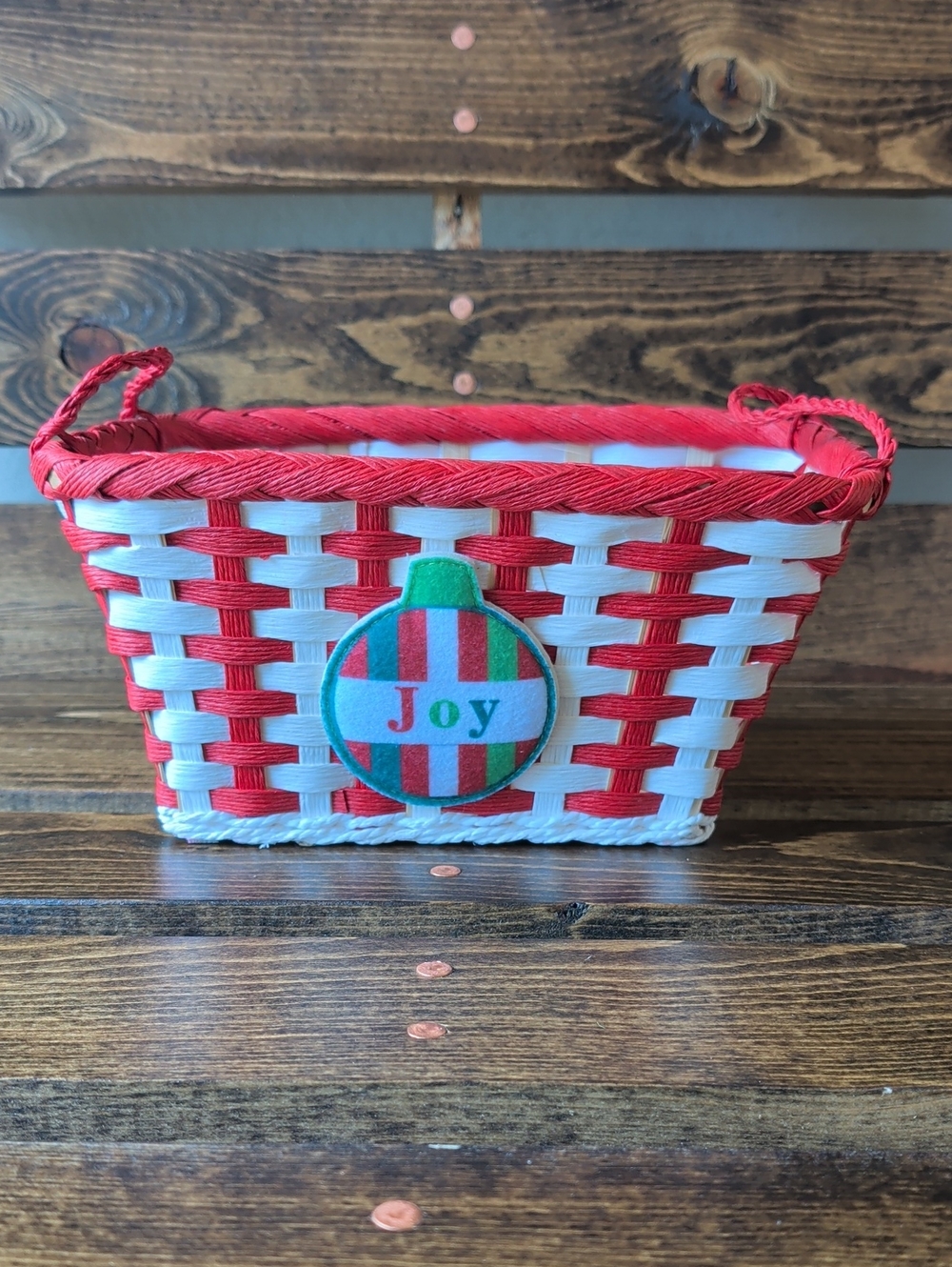 Red & White Woven Holiday Basket with Joy Ornament